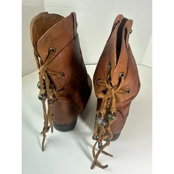 Free People Distressed Wayland Brown Leather Bead Stud Lace-Up Boho Bootie 37 6 - Picture 12 of 16